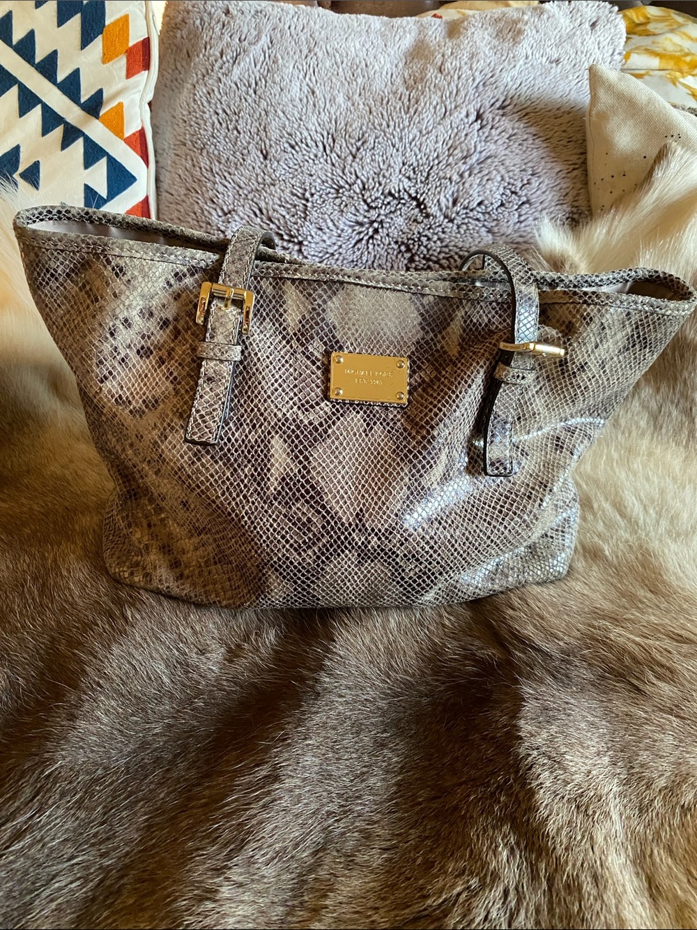 Michael Kors Gray Taupe Snakeskin-Print Shoulder Tote